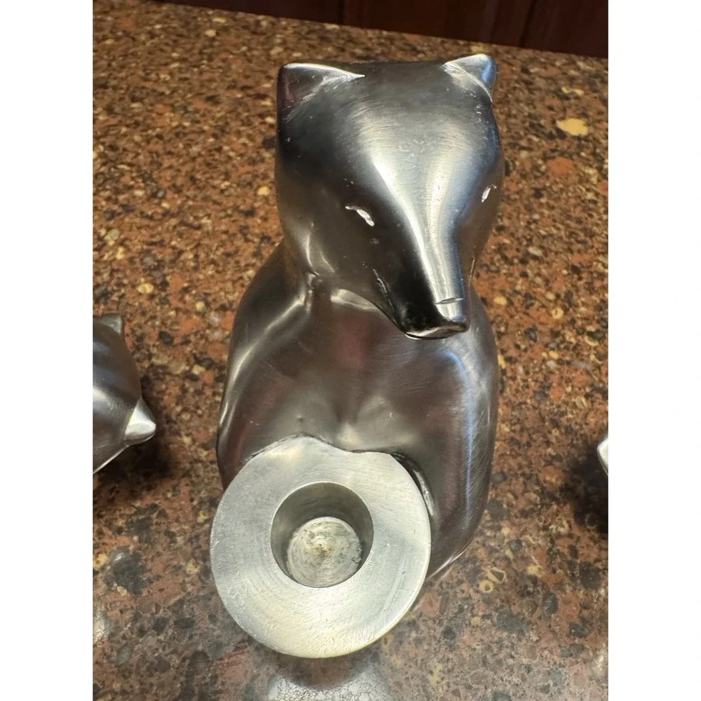 Restoration Hardware Bears Taper Candle Holder Set 3 Silver Metal Figural Decor